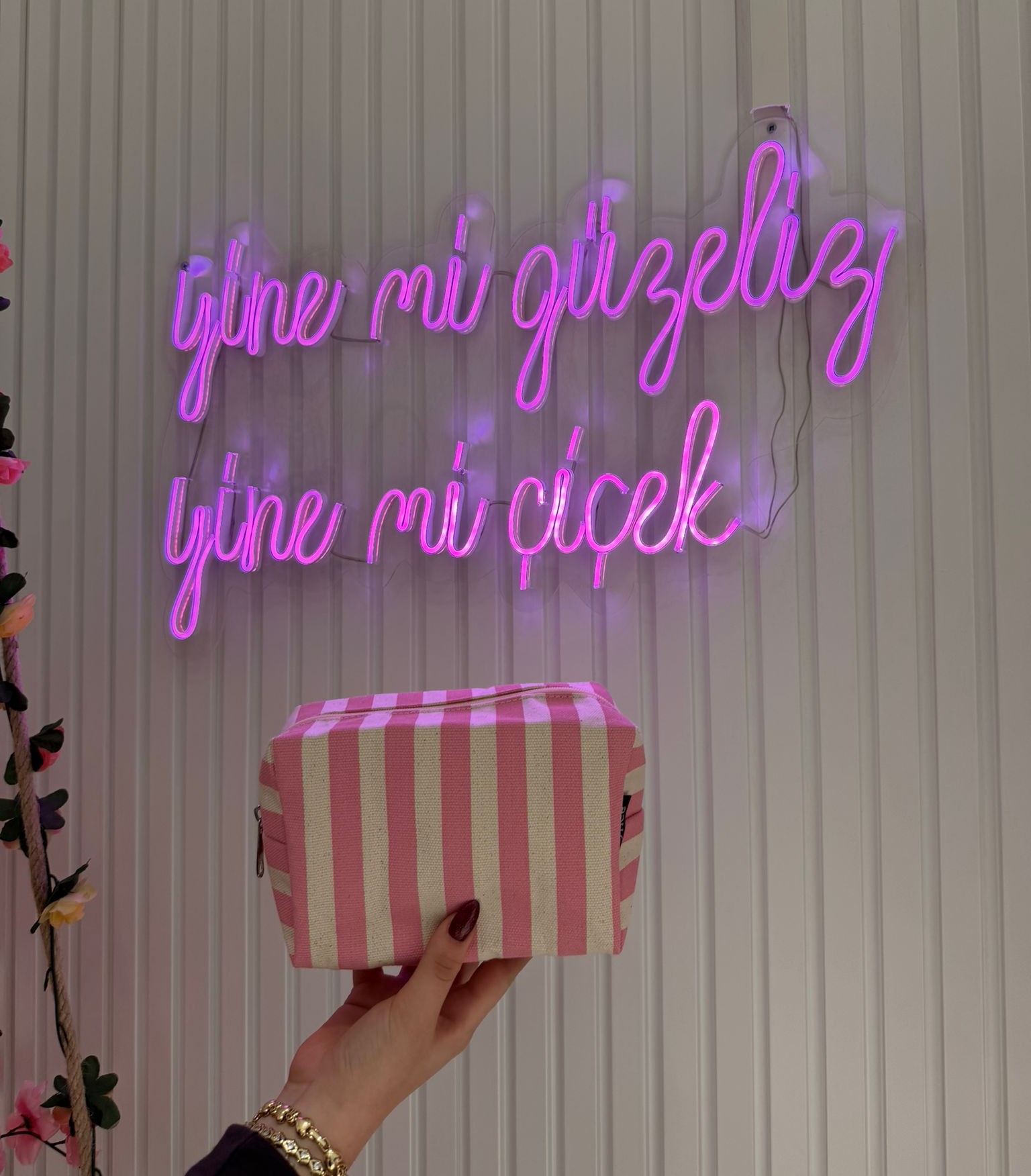 Kanvas Çizgili Çanta Pembe